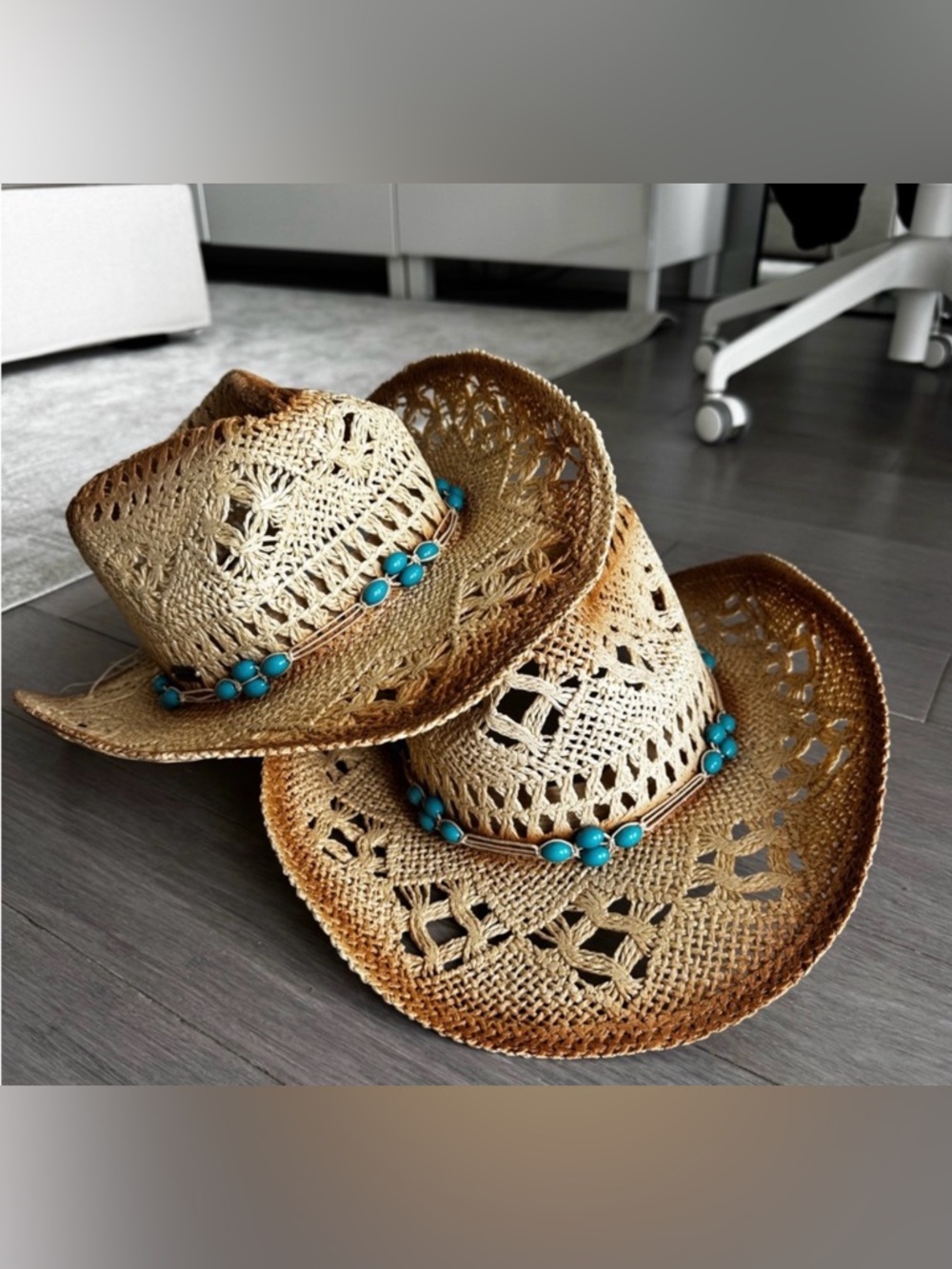 SUN N SAND Turquoise Beaded Straw Cowboy Hats x 2 - Natural